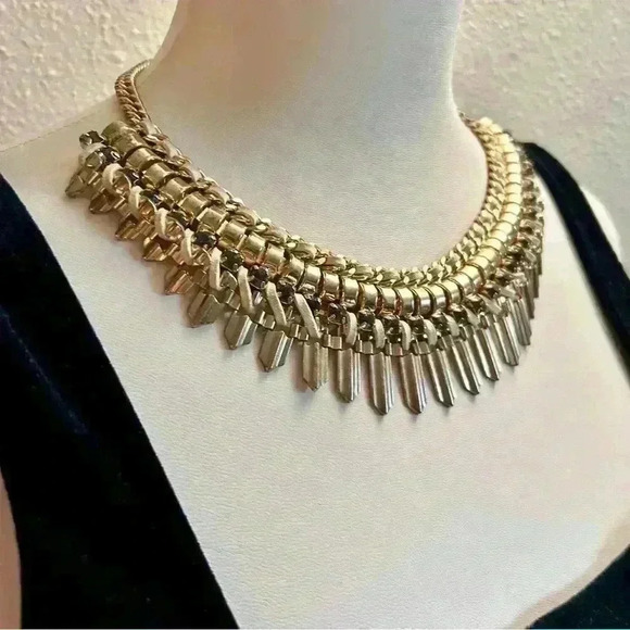 Vintage Retro Gold Tone Links, Leather and Crystals Statement Necklace - Picture 1 of 4